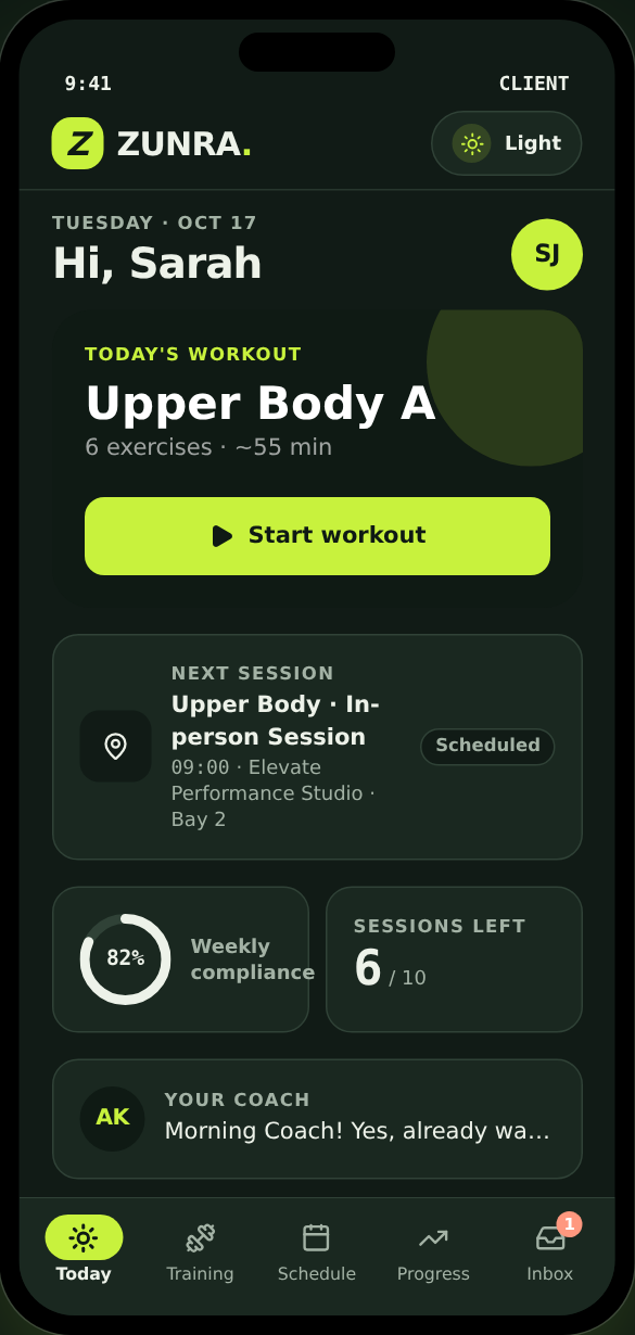 ZUNRA client app in dark mode