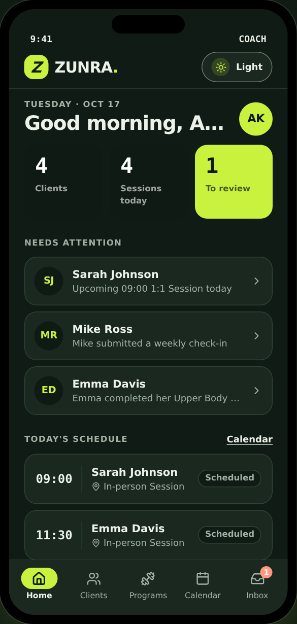 ZUNRA coach app in dark mode